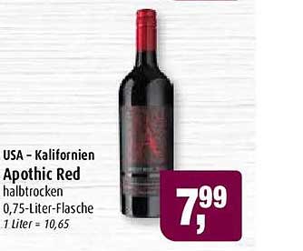 USA - Kalifornien Apothic Red halbtrocken 0,75-Liter-Flasche 1 Liter = 10,65