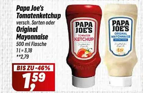 Papa Joe's Tomatenketchup oder Original Mayonnaise - 500 ml Flasche