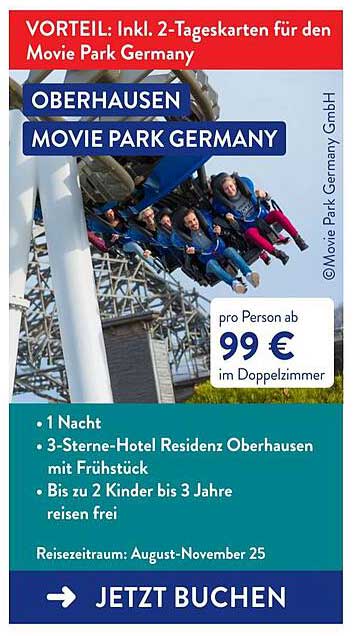 2-Tageskarten für den Movie Park Germany inkl. 1 Nacht im 3-Sterne-Hotel