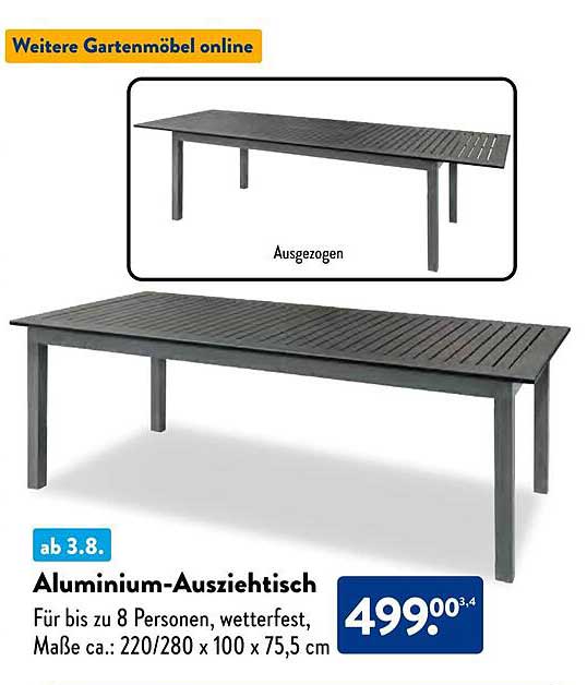 Aluminium-Ausziehtisch für bis zu 8 Personen