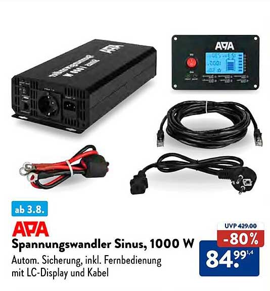 APA Spannungswandler Sinus, 1000 W - Autom. Sicherung, inkl. Fernbedienung mit LC-Display und Kabel