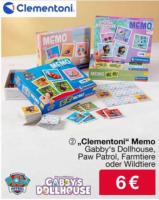 Clementoni Memo - Gabby's Dollhouse, Paw Patrol, Farmtiere oder Wildtiere
