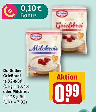 Dr. Oetker Grießbrei oder Milchreis 0,99 €