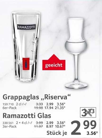 Grappaglas „Riserva“ 6er-Pack und Ramazzotti Glas 3er-Pack