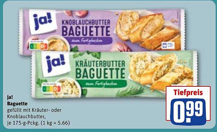ja! Baguette gefüllt mit Kräuter- oder Knoblauchbutter, je 175-g-Pckg.