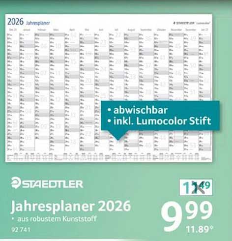 Jahresplaner 2026 von STAEDTLER - abwischbar und inkl. Lumocolor Stift