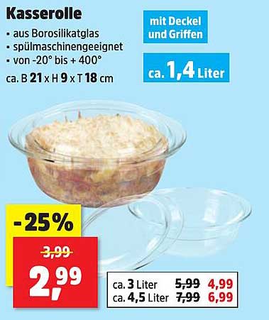 Kasserolle aus Borosilikatglas mit Deckel und Griffen, 1,4 Liter