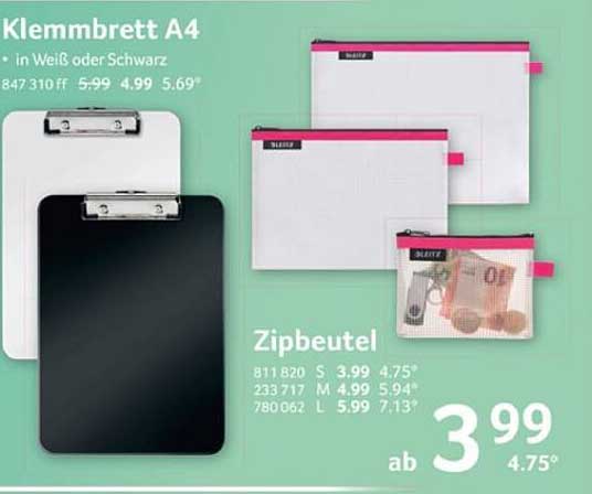 Klemmbrett A4 in Weiß oder Schwarz und Zipbeutel - ab 3,99