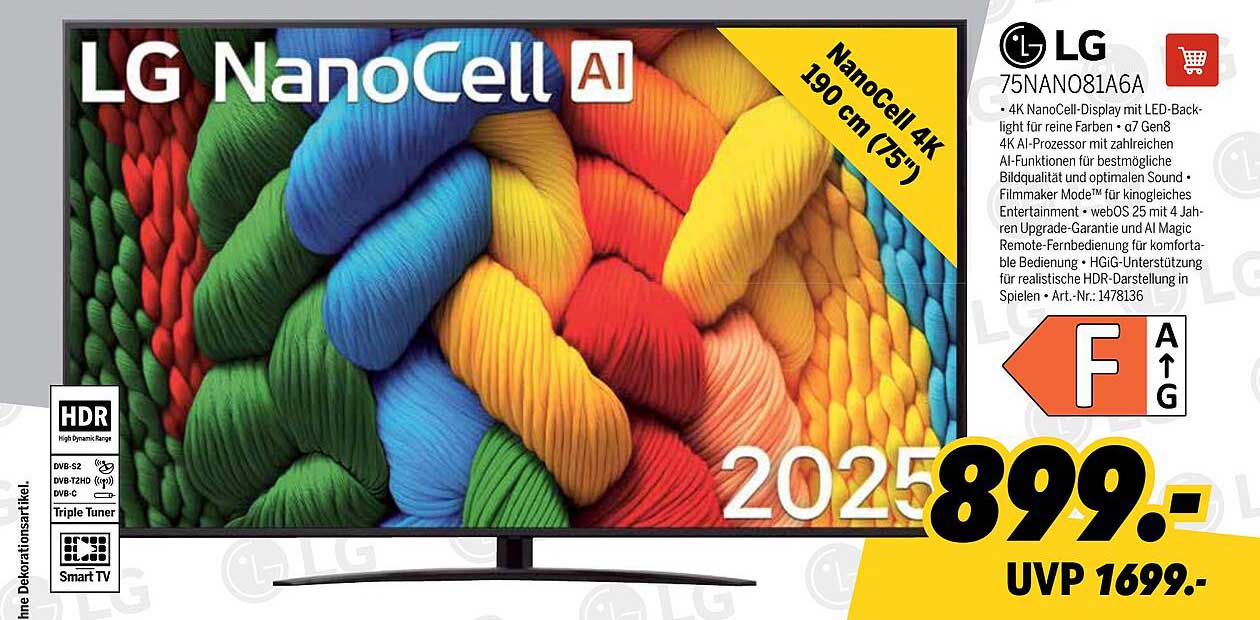 LG 75NANO81A6A - 4K NanoCell TV mit HDR und Smart-TV-Funktionen