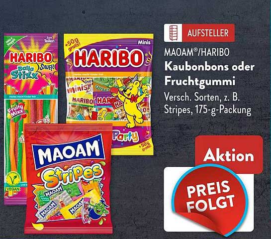 MAOAM®/HARIBO Kaubonbons oder Fruchtgummi in verschiedenen Sorten, 175-g-Packung