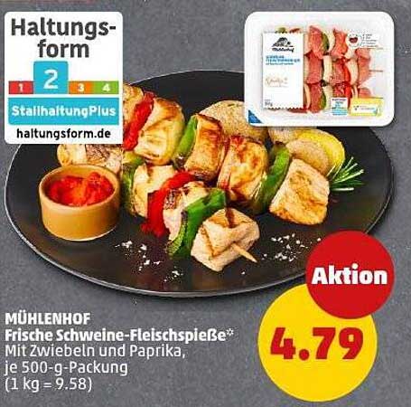 Mühlenhof Frische Schweine-Fleischspieße mit Zwiebeln und Paprika, je 500-g-Packung