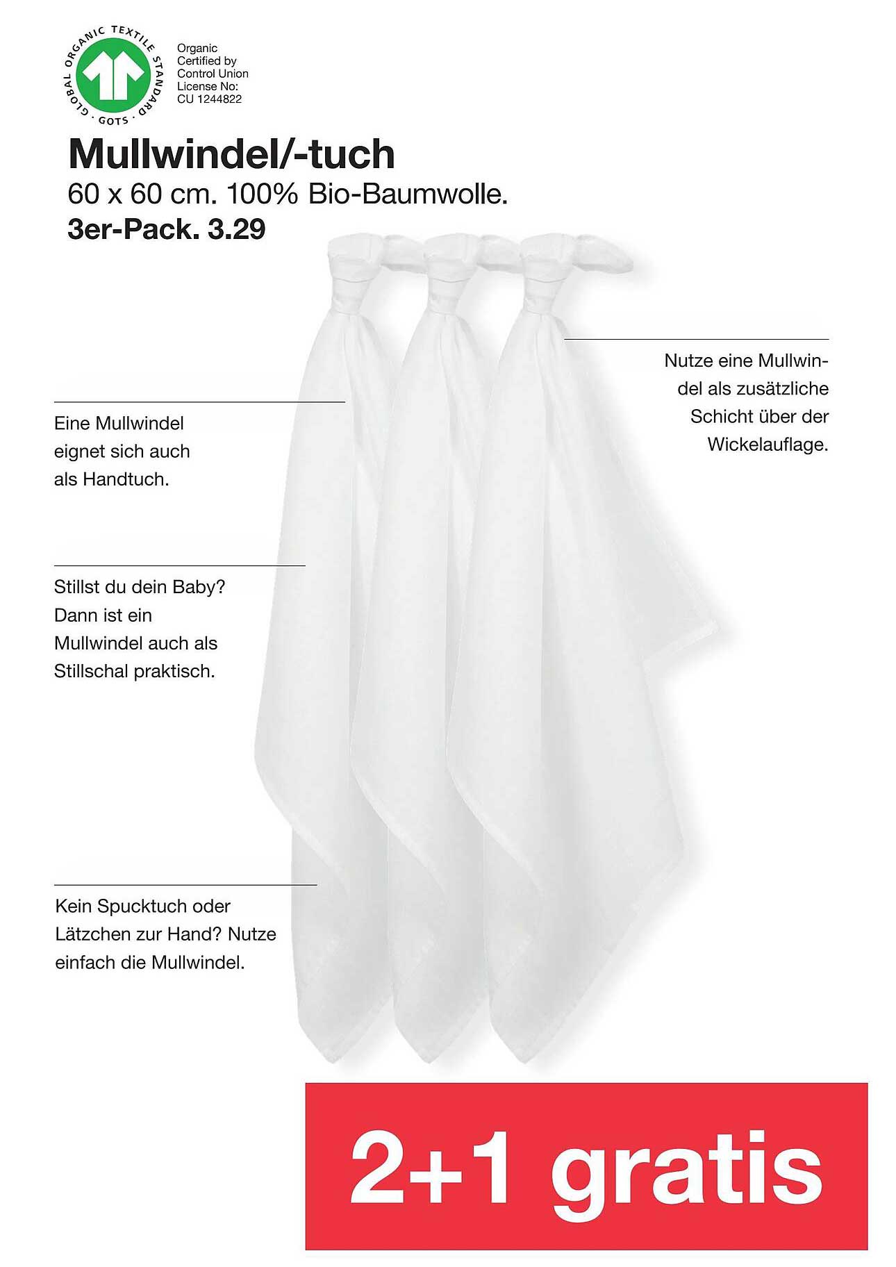 Mullwindel/-tuch 60 x 60 cm. 100% Bio-Baumwolle. 3er-Pack