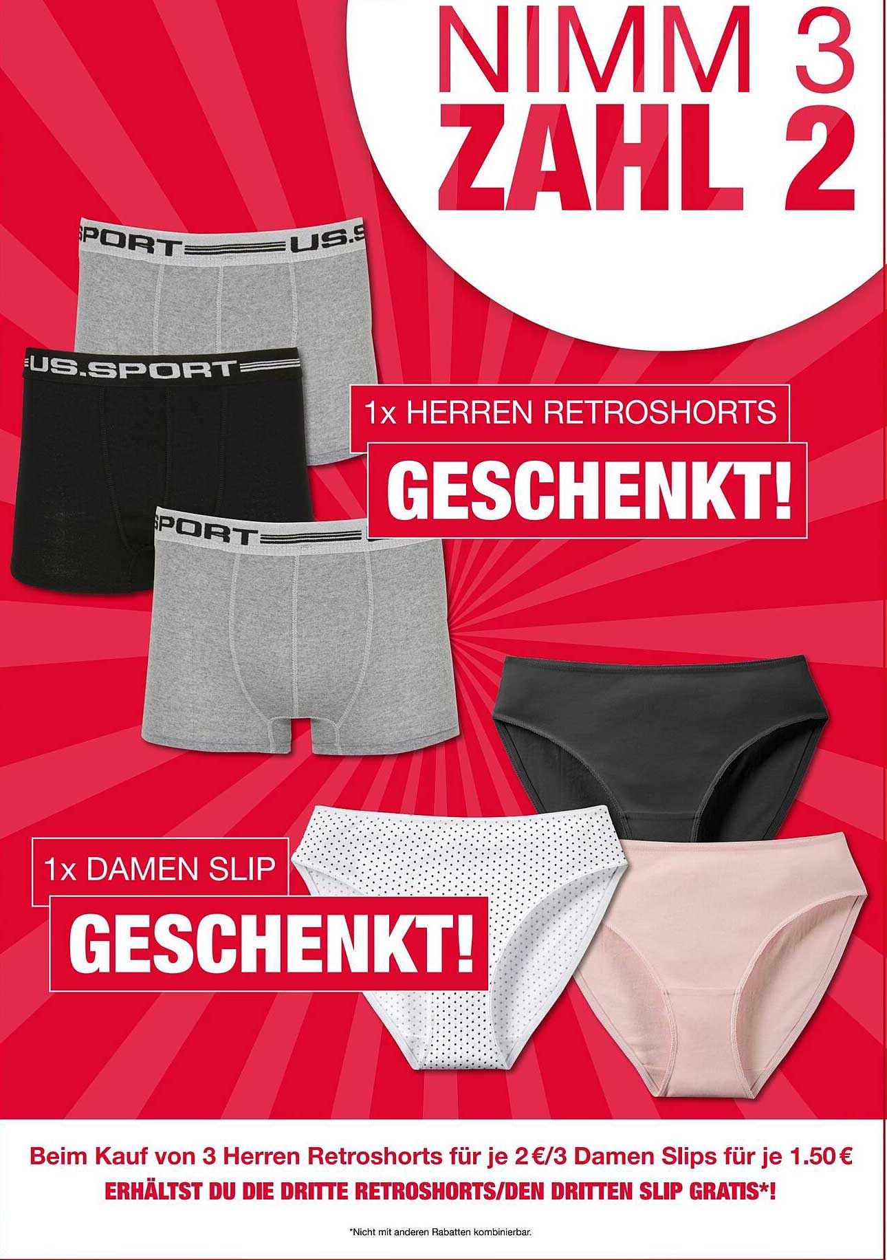 Nimm 3, Zahl 2 - Herren Retrosorts und Damen Slips im Sonderangebot