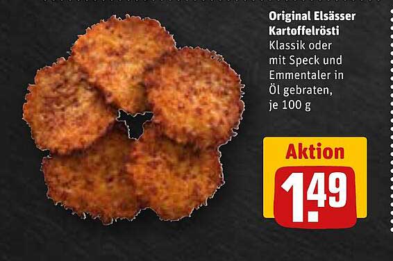 Original Elsässer Kartoffelrösti Klassik oder mit Speck und Emmentaler in Öl gebraten, je 100 g