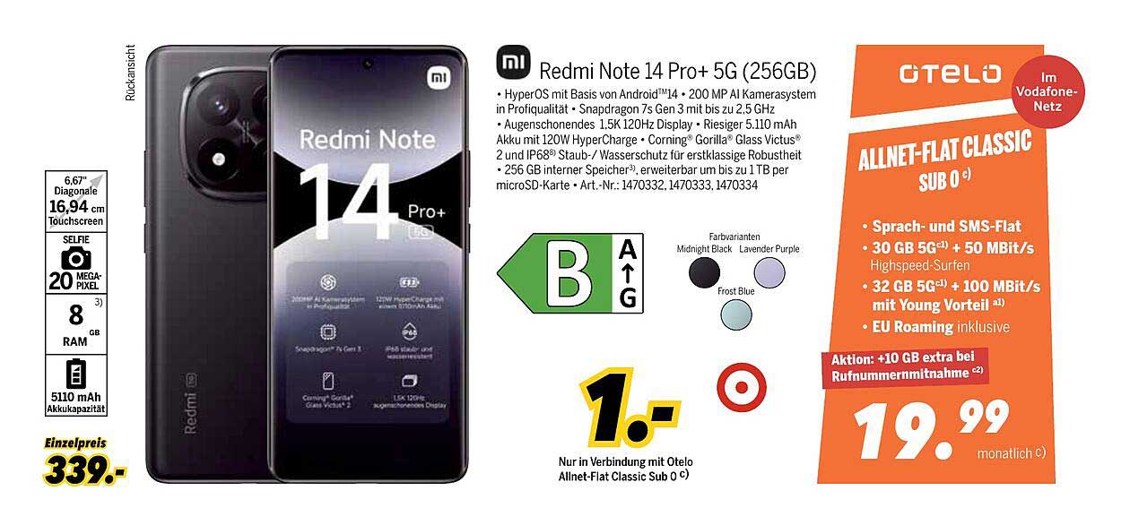 Redmi Note 14 Pro+ 5G (256GB) - nur 1 € in Verbindung mit Otelo Allnet-Flat Classic Sub 0