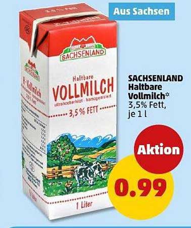 SACHSENLAND Haltbare Vollmilch 3,5% Fett, je 1 l