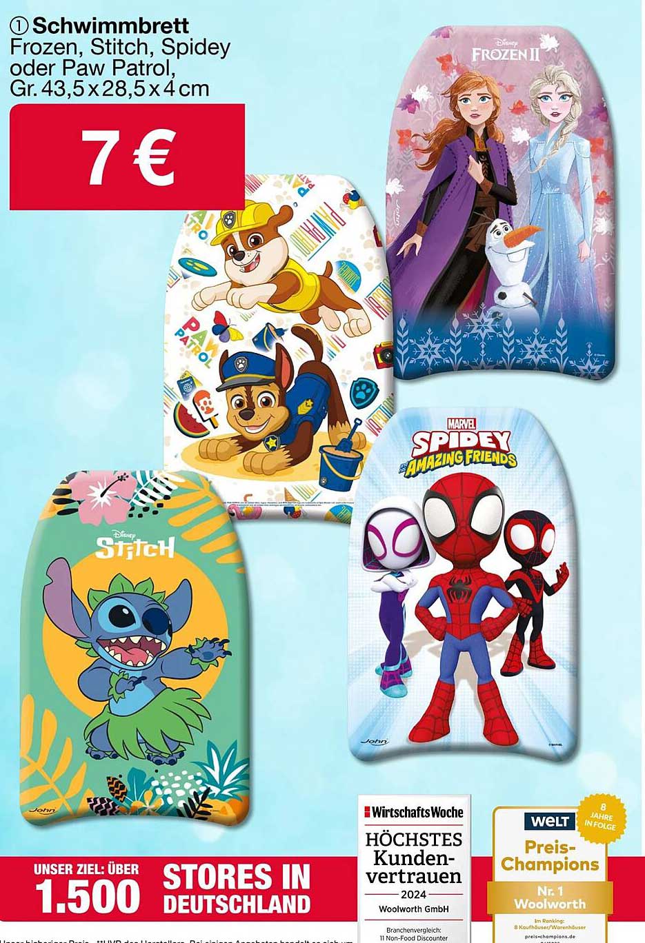 Schwimm Brett Frozen, Stitch, Spidey oder Paw Patrol, Gr. 43,5 x 28,5 x 4 cm