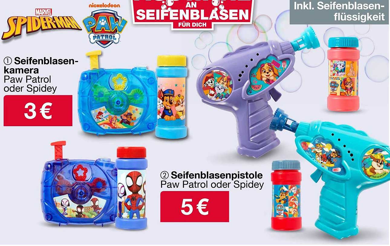 Seifenblasenkamera Paw Patrol oder Spidey für 3 €