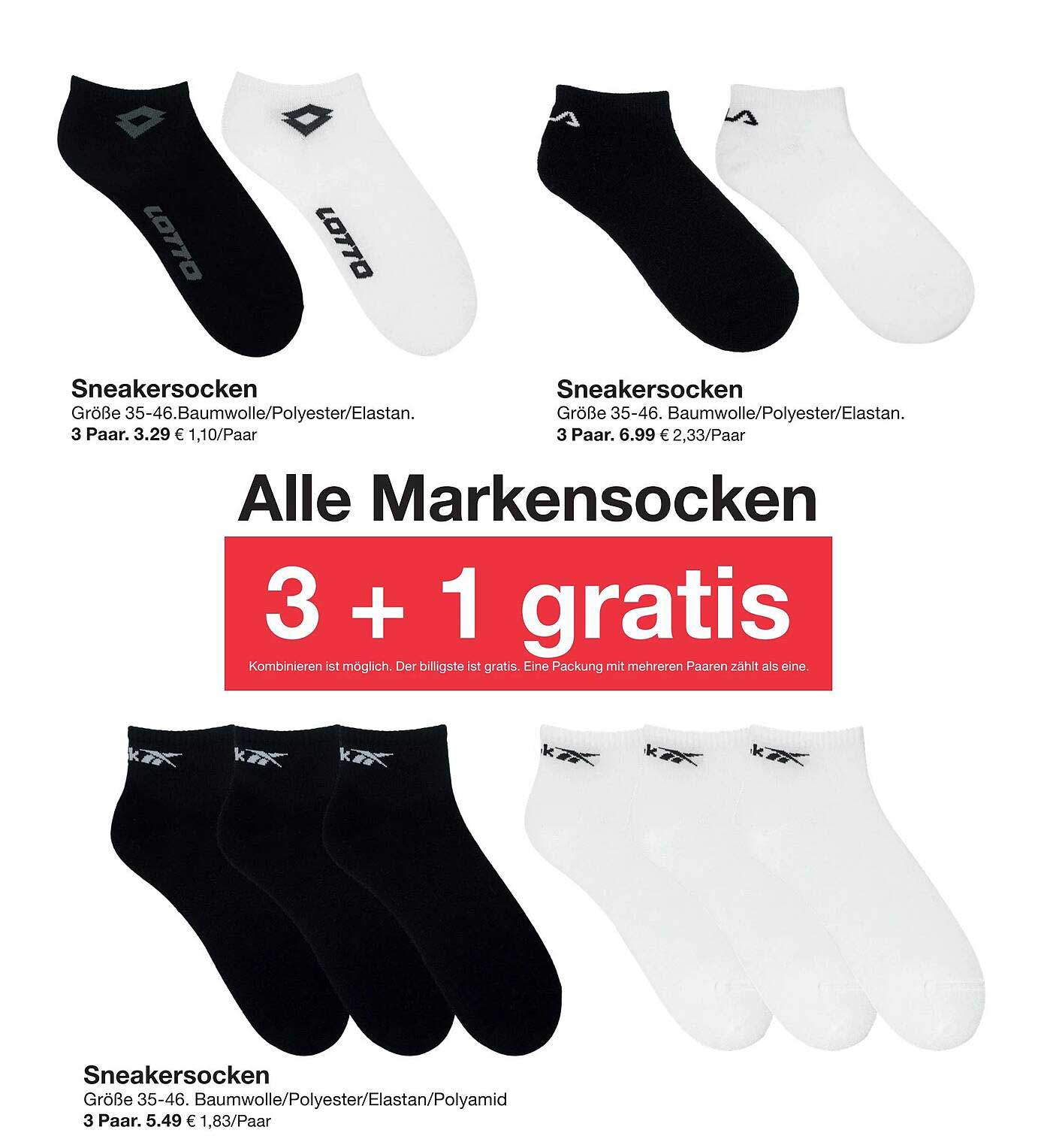Sneakersocken 3 Paar für 5,49 € (3 + 1 gratis)