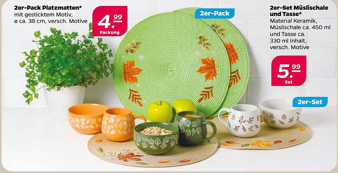 2er-Pack Platzmatten und 2er-Set Müslischalen und Tasse