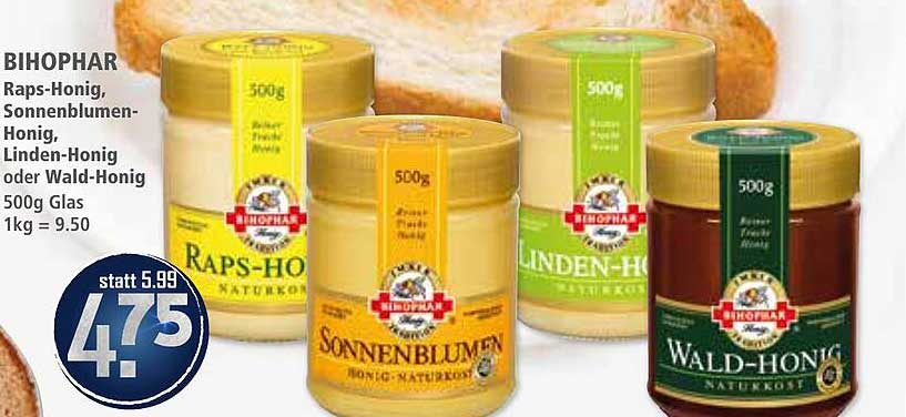 BIHOPHAR Raps-Honig, Sonnenblumen-Honig, Linden-Honig oder Wald-Honig 500g Glas