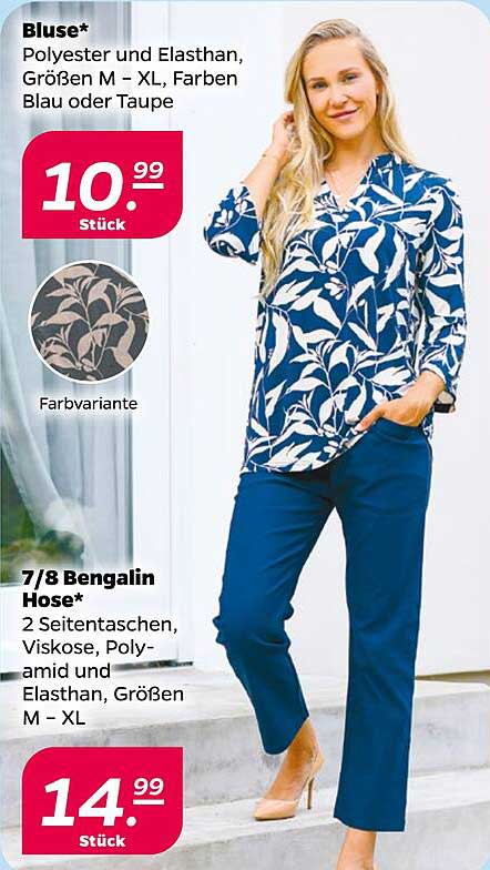 Bluse* Polyester und Elasthan, Größen M – XL, Farben Blau oder Taupe