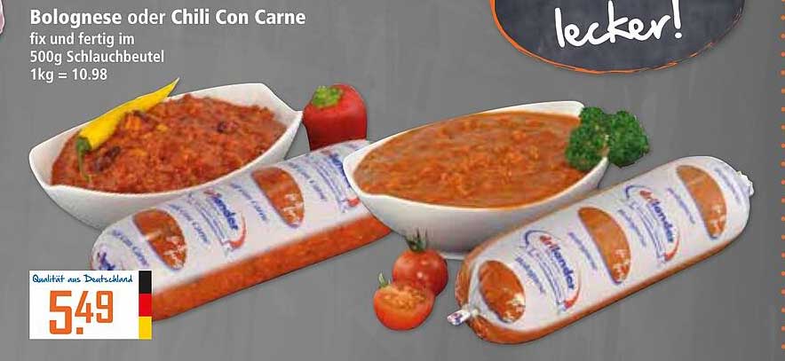 Bolognese oder Chili Con Carne fix und fertig im 500g Schlauchbeutel