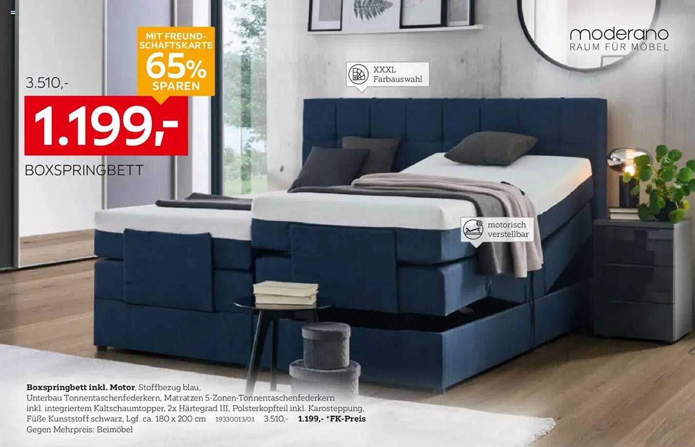 Boxspringbett inkl. Motor - Stoffbezug blau