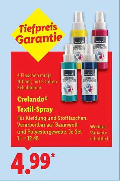Crelando® Textil-Spray Set – 4 Flaschen mit 100 ml und 6 Schablonen