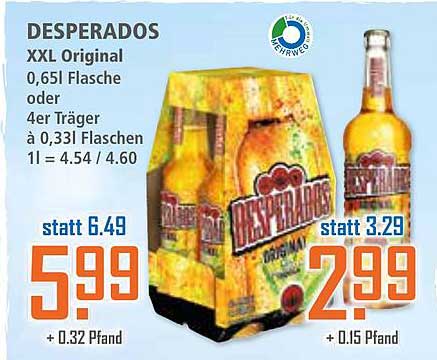 DESPERADOS XXL Original 0,65l Flasche oder 4er Träger à 0,33l Flaschen