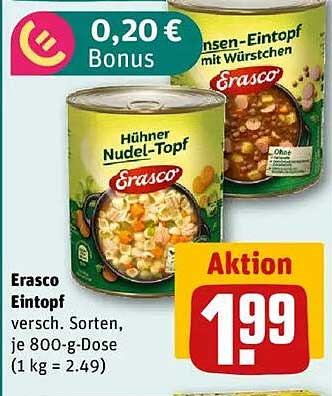 Erasco Eintopf - Hühnchen Nudel-Topf oder Erbsen-Eintopf mit Würstchen