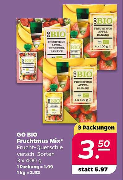 GO BIO Fruchtmus Mix* Frucht-Quetschie, 3 x 400 g