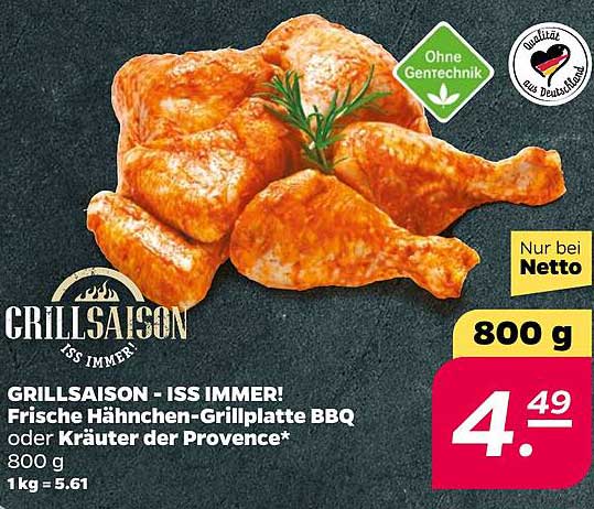 GRILLSAISON - ISS IMMER! Frische Hähnchen-Grillplatte BBQ oder Kräuter der Provence 800 g