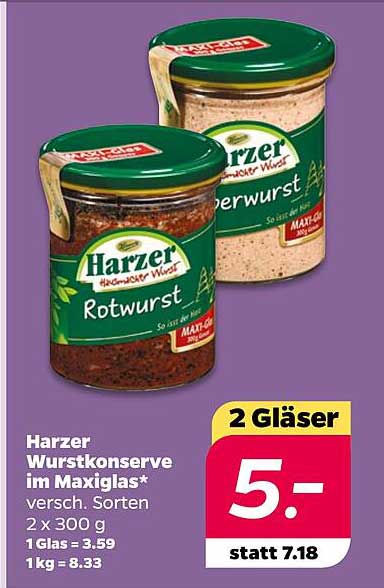 Harzer Wurstkonserve im Maxiglas - 2 Gläser für nur 5,- Euro