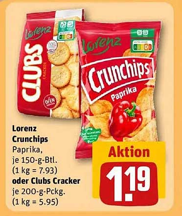 Lorenz Crunchips Paprika 150-g-Btl. oder Clubs Cracker 200-g-Pckg.