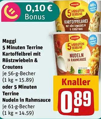 Maggi 5 Minuten Terrine Kartoffelbrei mit Röstzwiebeln & Croutons oder Nudeln in Rahmsauce