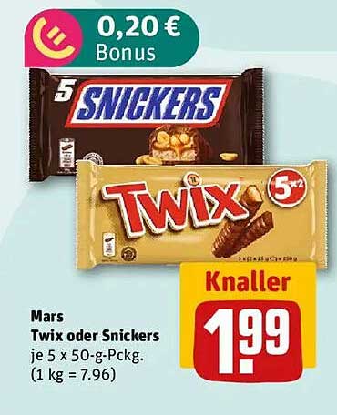 Mars Twix oder Snickers je 5 x 50-g-Packung