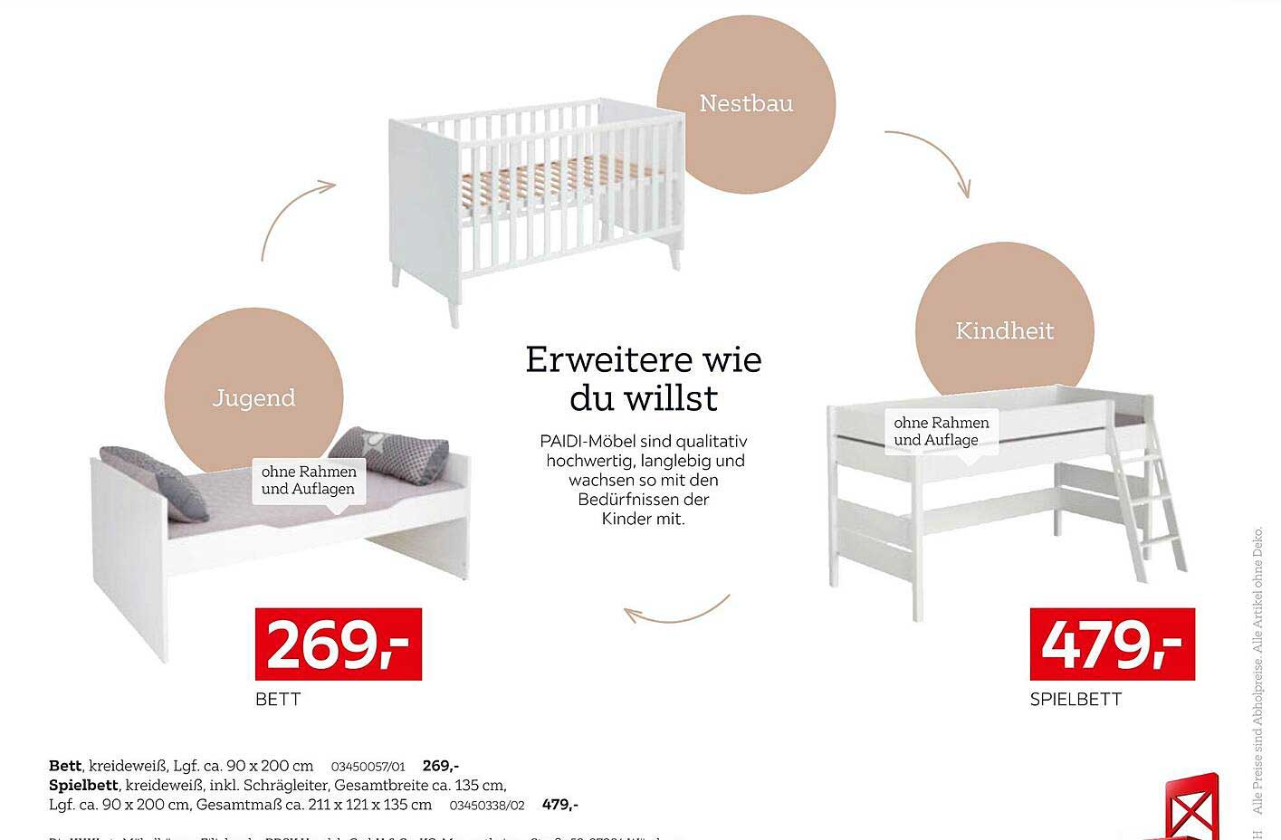PAIDI Bett inkl. Schräge - Kreiedeweiß für nur 269,-