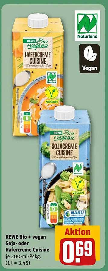 REWE Bio + vegan Soja- oder Hafersahne Cuisine je 200-ml-Packung - Aktion 0,69 €