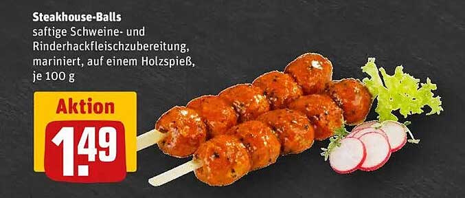 Steakhouse-Balls – saftige Schweine- und Rinderhackfleischzubereitung auf einem Holzspieß, je 100 g