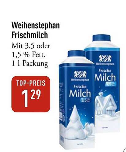 Weihenstephan Frischmilch mit 3,5 oder 1,5 % Fett - 1-l-Packung