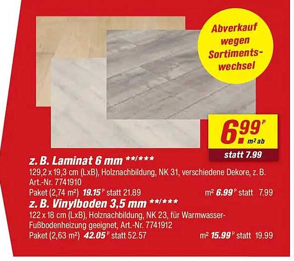 z. B. Laminat 6 mm & z. B. Vinylboden 3,5 mm - Abverkauf wegen Sortimentswechsel