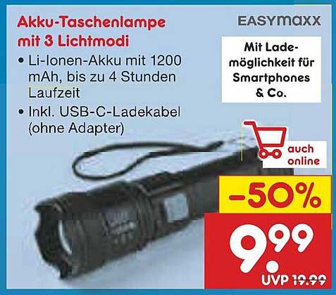 Akku-Taschenlampe mit 3 Lichtmodi