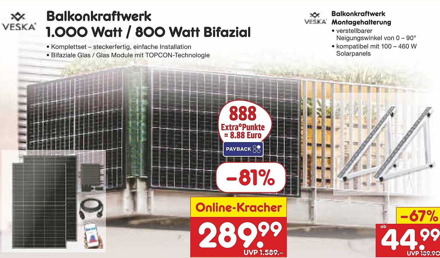 Balkonkraftwerk 1.000 Watt / 800 Watt Bifazial von VESKA