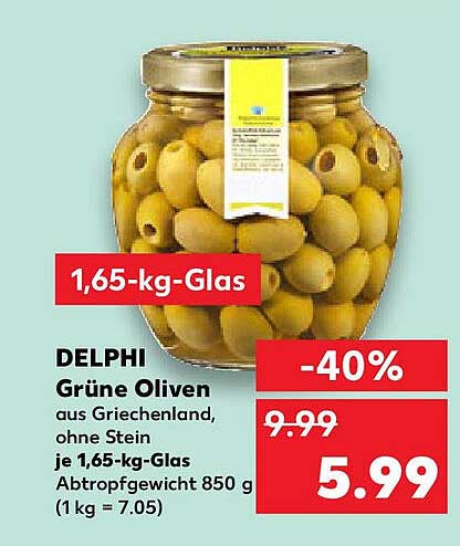 DELIMPI Grüne Oliven aus Griechenland, ohne Stein 1,65-kg-Glas