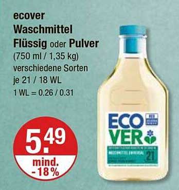 ecover Waschmittel Flüssig oder Pulver (750 ml / 1,35 kg) verschiedene Sorten je 21 / 18 WL