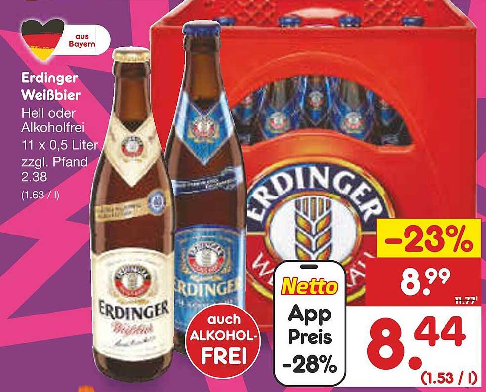 Erdinger Weißbier Hell oder Alkoholfrei 11 x 0,5 Liter zzgl. Pfand