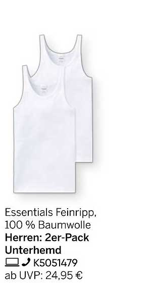 Essentials Feinripp, 100 % Baumwolle Herren: 2er-Pack Unterhemd
