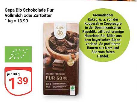 Gepa Bio Schokolade Pur Vollmilch oder Zartbitter