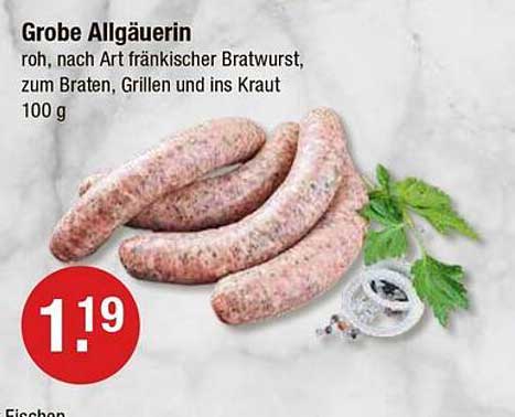 Grobe Allgäuerin - roh, nach Art fränkischer Bratwurst, zum Braten, Grillen und ins Kraut, 100 g
